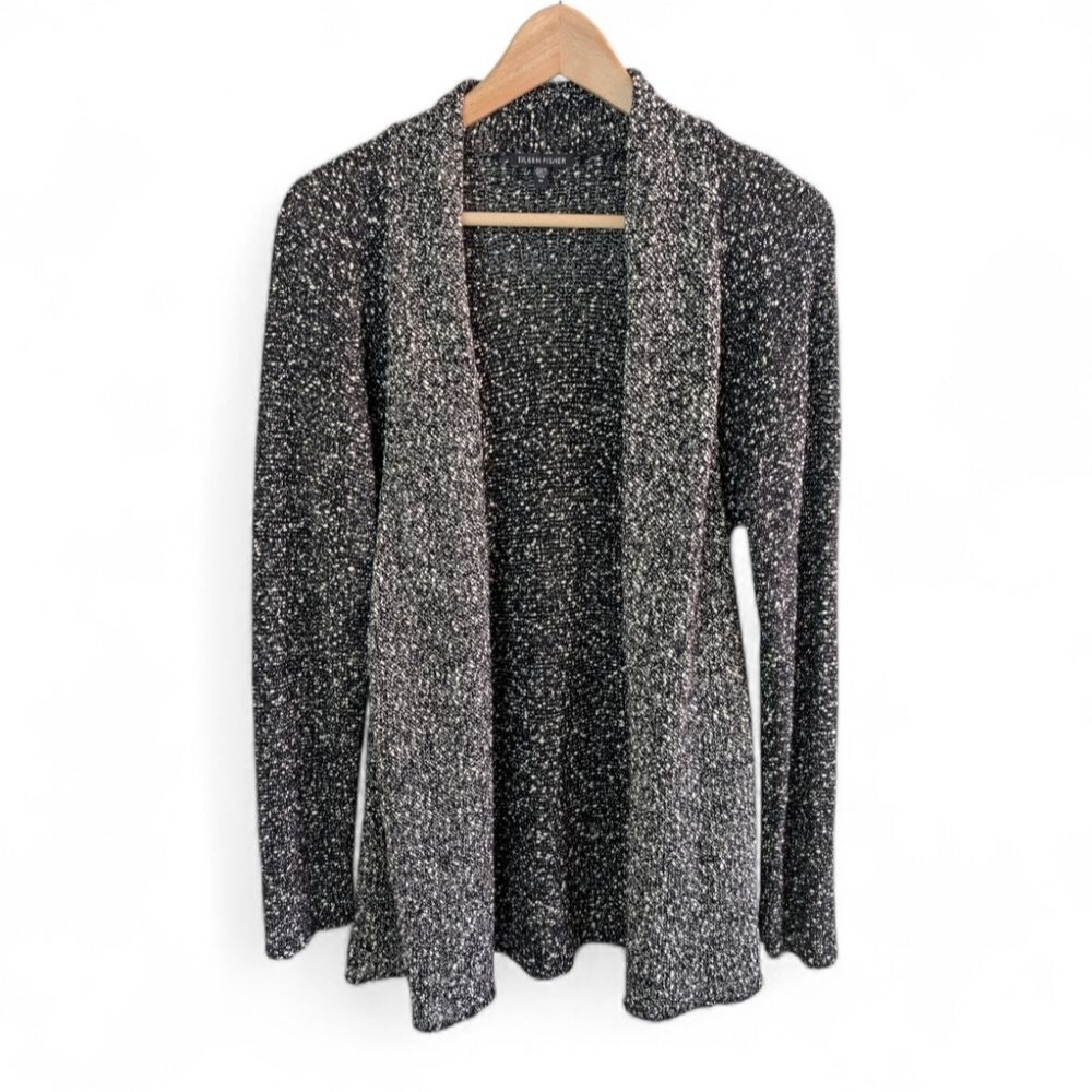 Eileen Fisher Open Front Cardigan Sweater Black Speckled Medium